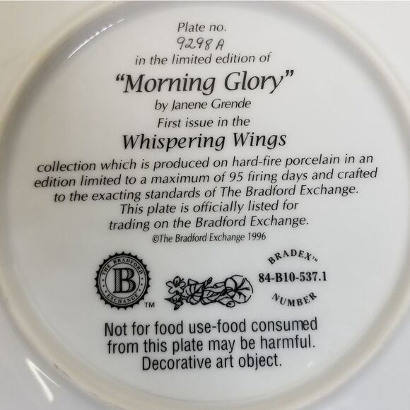 THE Bradford Exchange "Morning Glory"‎ by Janene Grende 1996 Plate no. 9292 A 8" - Picture 6 of 8